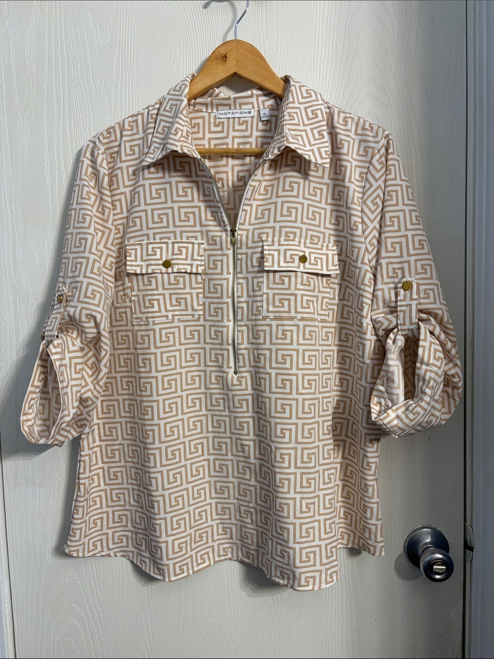 Notations Cream & Tan Geometric Zip-Front Tunic